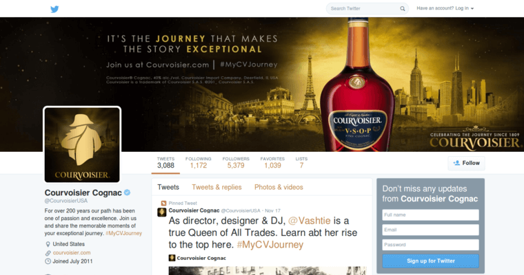 Twitter page of #5 Leading XO Cognac Label: Courvoisier Cognac XO