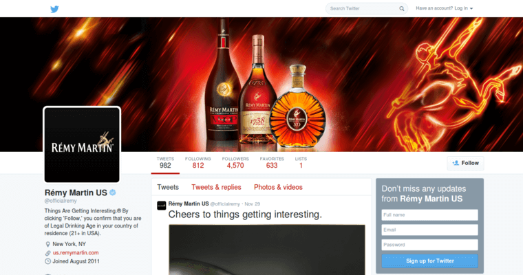 Twitter page of #3 Leading XO Cognac Label: Rémy Martin XO Excellence Cognac