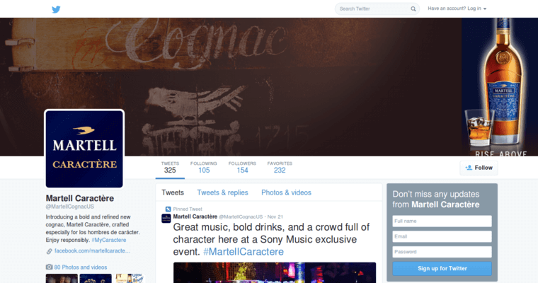 Twitter page of #4 Leading XO Cognac Label: Martell Cognac XO