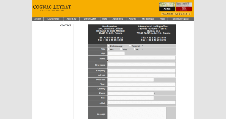 Contact page of #10 Leading XO Cognac Brand: Leyrat Cognac XO Vieille Reserve