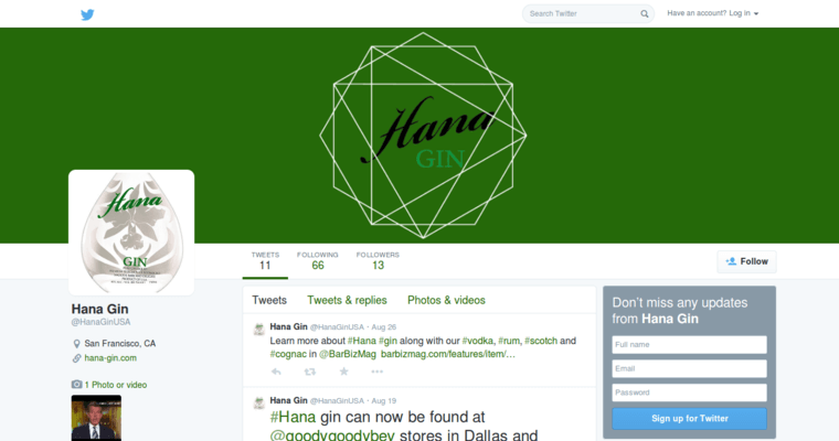 Twitter page of #1 Leading Gin Label: Hana Gin