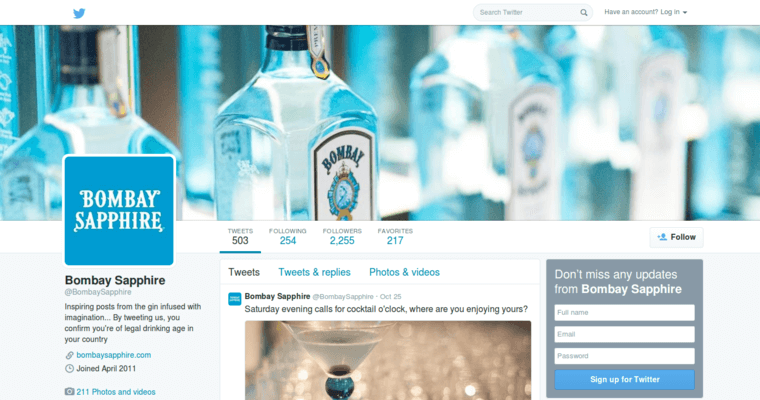 Twitter page of #3 Leading Gin Label: Bombay Sapphire