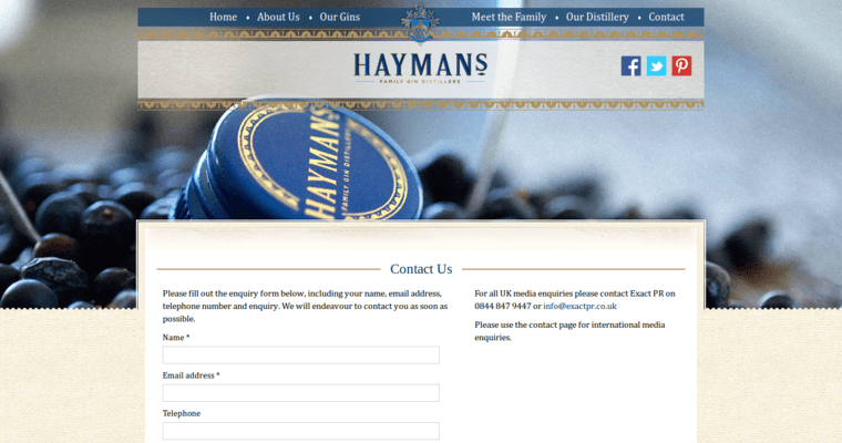 Contact page of #6 Leading London Dry Gin Label: Hayman's London Dry Gin