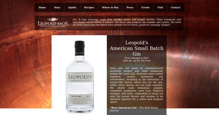 Gin page of #10 Top London Dry Gin Brand: Leopold's Gin
