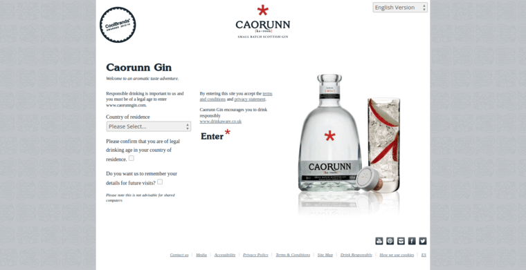 Contact page of #9 Leading London Dry Gin Label: Caorunn Gin