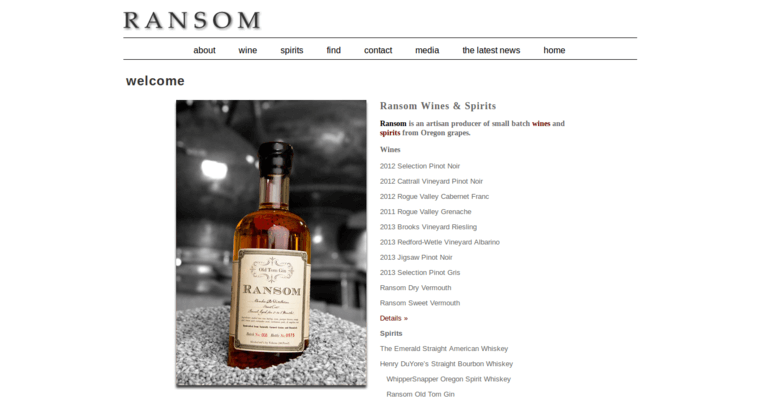 Home page of #7 Leading Old Tom Gin Label: Ransom Old Tom Gin