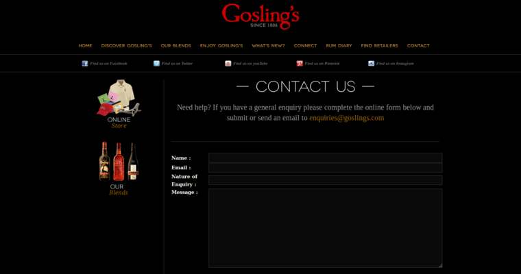 Contact page of #4 Leading Dark Rum Label: Gosling's Black Seal