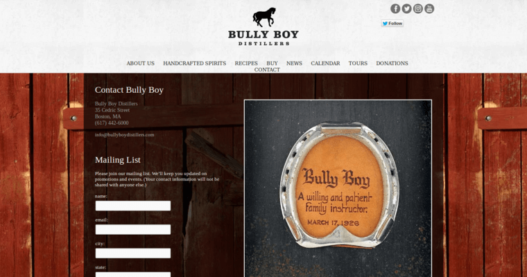 Contact page of #8 Leading Dark Rum Label: Bully Boy Distillers Boston Rum