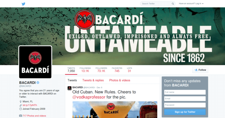 Twitter page of #9 Leading Silver Rum Brand: Bacardi silver