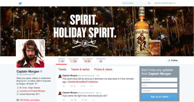 Twitter page of #1 Leading Spiced Rum Label: Captain Morgan Black Spiced