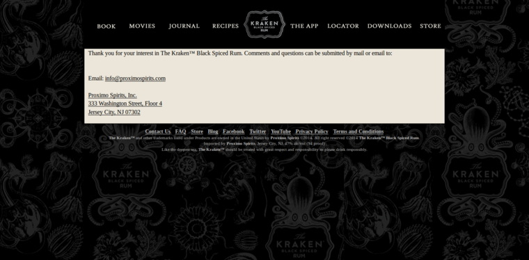Contact page of #6 Top Spiced Rum Label: The Kraken Black Spiced Rum