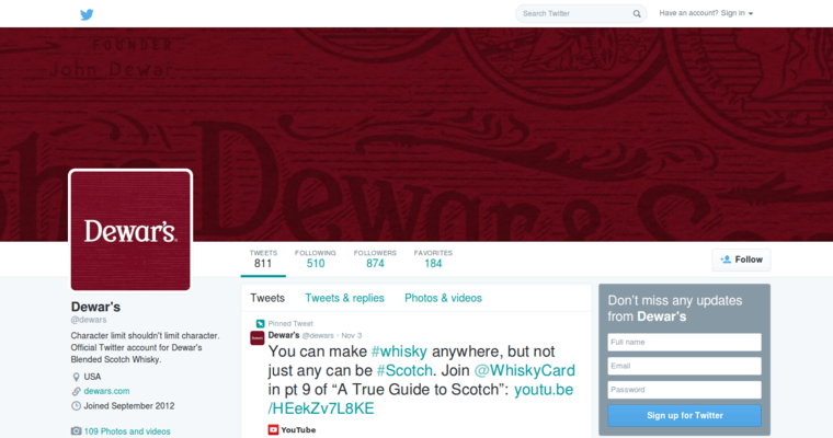 Twitter page of #2 Top Scotch Whiskey Label: Dewer's Signature Scotch