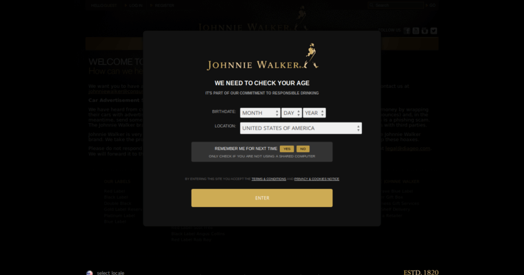 Contact page of #6 Leading Scotch Whiskey Label: Johnny Walker Blue Label