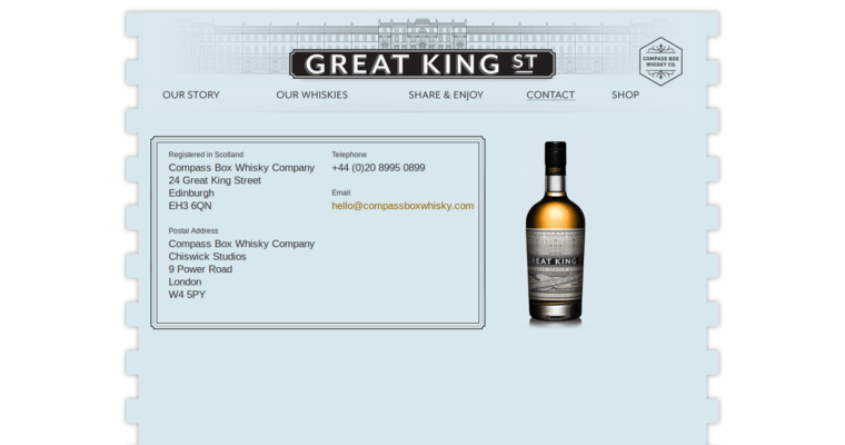 Contact page of #5 Leading Scotch Whiskey Label: Great King Street Artist's Blend