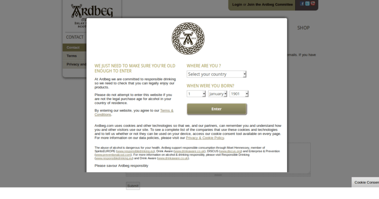 Contact page of #2 Top Single Malt Scotch Brand: Ardbeg Corryvreckan
