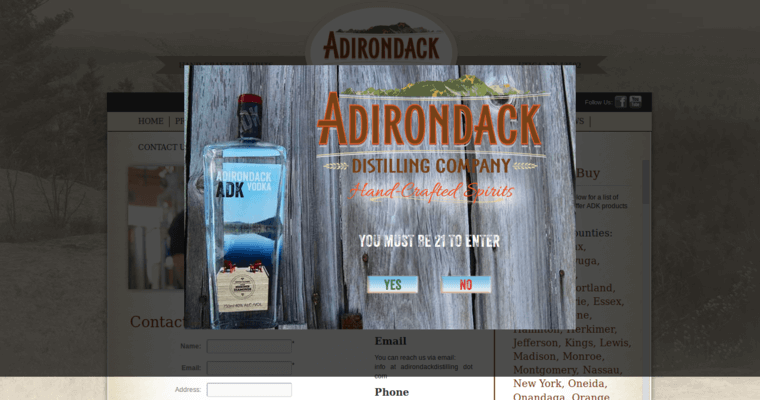 Contact page of #10 Top Vodka Label: Adirondack Vodka