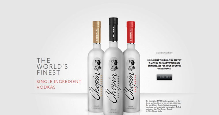 Home page of #7 Top Potato Vodka Brand: Chopin Potato Vodka