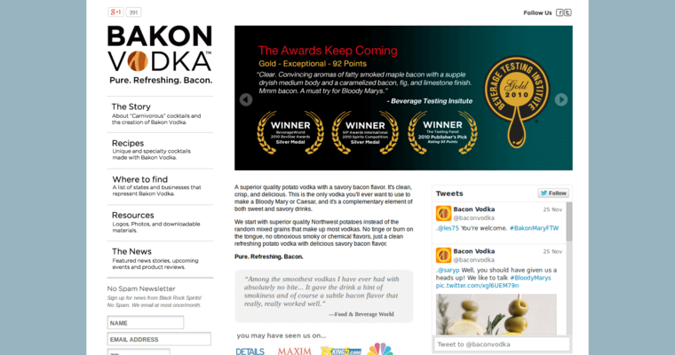 Home page of #2 Leading Potato Vodka Brand: Bakon